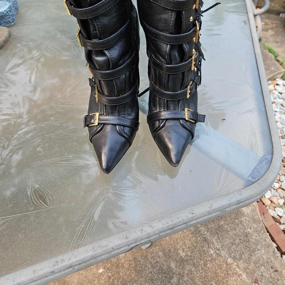 Giuseppe Zanotti Black Fringe High Heel Ankle Boot with Gold Buckles - Picture 2 of 6